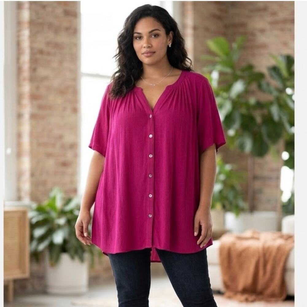 Roaman's Womens Pink Button Up Top Short Sleeve Gauze‎ Plus Size 28W